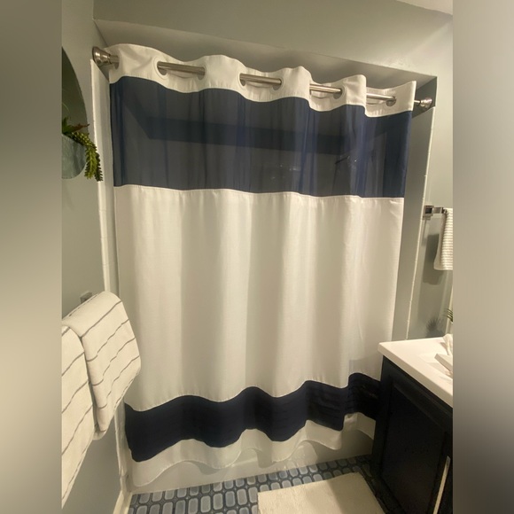 Elegant Navy and White Hookless Shower Curtain - Picture 1 of 4